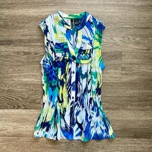 New Directions sleeveless button down blue, yellow, green top in petite large